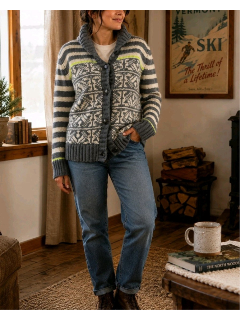 Gap Lambswool Blend Fair Isle Cardigan Sweater L Gray Ivory Shawl Collar Nordic